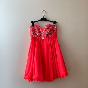 Strapless Neon Coral Homecoming Dress